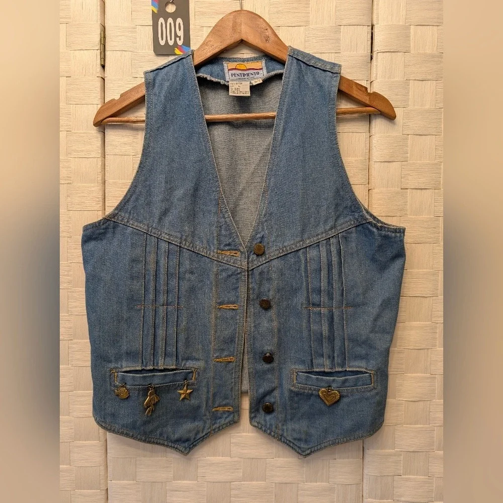 Vintage Pentimento Denim Vest Medium Wash Cinch Back Charms Womens Large B-7 - Picture 4 of 11